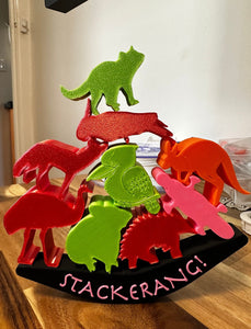 Stackerang! Animal balancing game with Aussie animal shapes stacked on a curved balancing beam.